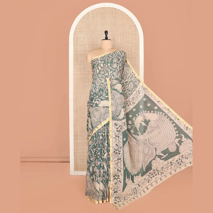 Pothys Grey Machine-Printed Kalamkari Cotton Saree Features Floral, and Fauna Motifs, a Piping Border, Pallu of Peacock, and a Matching Blouse