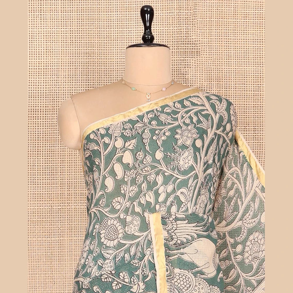 Pothys Grey Machine-Printed Kalamkari Cotton Saree Features Floral, and Fauna Motifs, a Piping Border, Pallu of Peacock, and a Matching Blouse