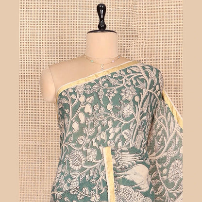 Pothys Grey Machine-Printed Kalamkari Cotton Saree Features Floral, and Fauna Motifs, a Piping Border, Pallu of Peacock, and a Matching Blouse