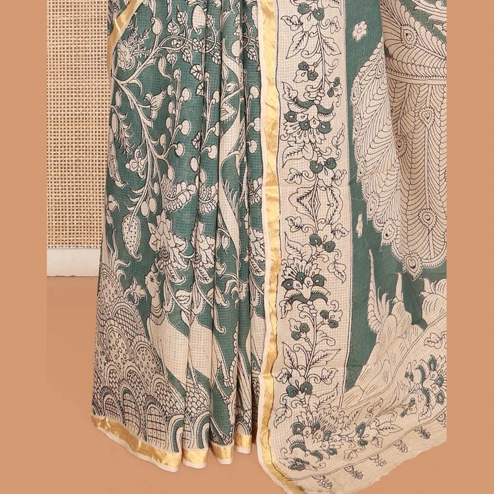 Pothys Grey Machine-Printed Kalamkari Cotton Saree Features Floral, and Fauna Motifs, a Piping Border, Pallu of Peacock, and a Matching Blouse