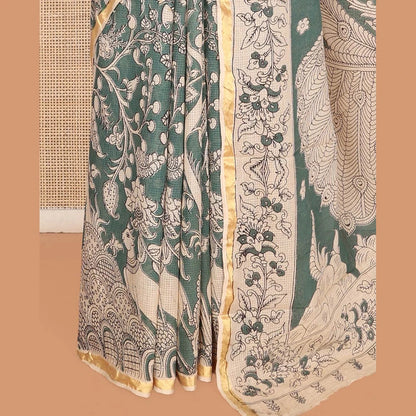 Pothys Grey Machine-Printed Kalamkari Cotton Saree Features Floral, and Fauna Motifs, a Piping Border, Pallu of Peacock, and a Matching Blouse