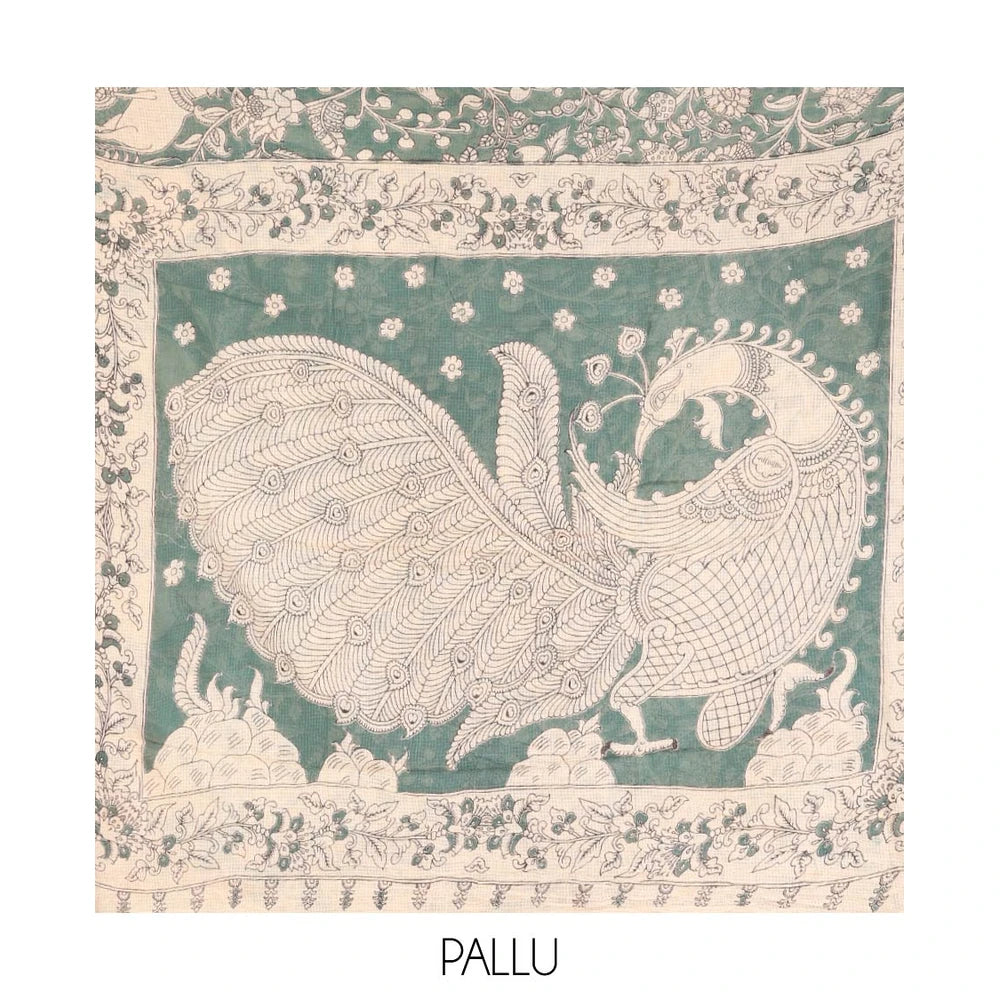Pothys Grey Machine-Printed Kalamkari Cotton Saree Features Floral, and Fauna Motifs, a Piping Border, Pallu of Peacock, and a Matching Blouse