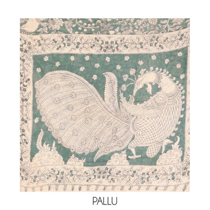 Pothys Grey Machine-Printed Kalamkari Cotton Saree Features Floral, and Fauna Motifs, a Piping Border, Pallu of Peacock, and a Matching Blouse