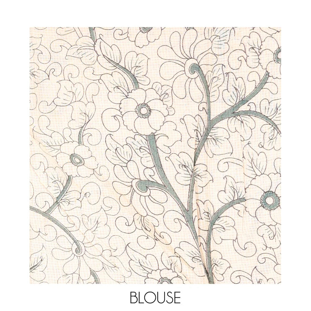 Pothys Grey Machine-Printed Kalamkari Cotton Saree Features Floral, and Fauna Motifs, a Piping Border, Pallu of Peacock, and a Matching Blouse
