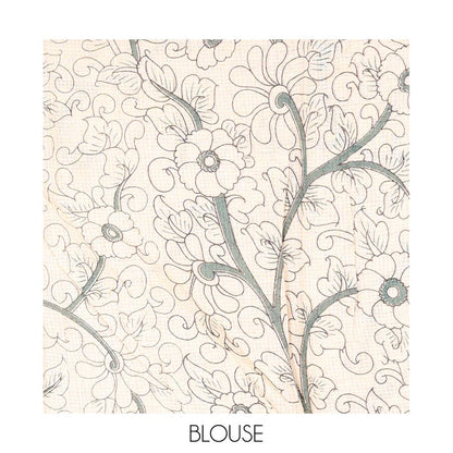 Pothys Grey Machine-Printed Kalamkari Cotton Saree Features Floral, and Fauna Motifs, a Piping Border, Pallu of Peacock, and a Matching Blouse
