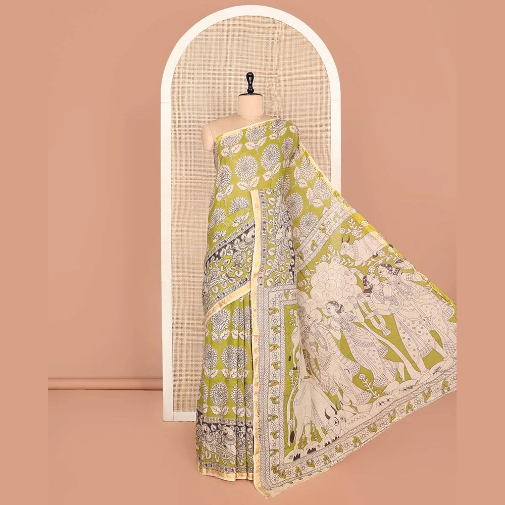 Pothys Green Machine-Printed Kalamkari Cotton Saree Features Floral Motifs, a Piping Border, Pallu of Lord Krishna Motifs, and a Matching Blouse