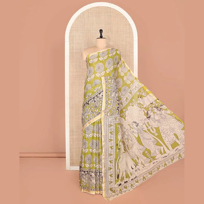 Pothys Green Machine-Printed Kalamkari Cotton Saree Features Floral Motifs, a Piping Border, Pallu of Lord Krishna Motifs, and a Matching Blouse