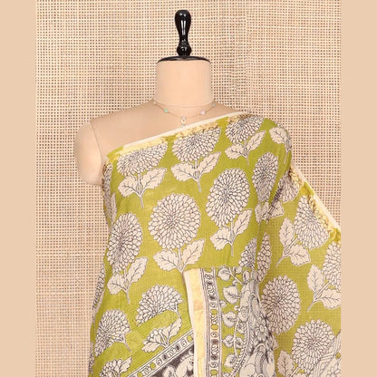 Pothys Green Machine-Printed Kalamkari Cotton Saree Features Floral Motifs, a Piping Border, Pallu of Lord Krishna Motifs, and a Matching Blouse