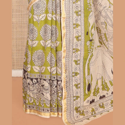 Pothys Green Machine-Printed Kalamkari Cotton Saree Features Floral Motifs, a Piping Border, Pallu of Lord Krishna Motifs, and a Matching Blouse
