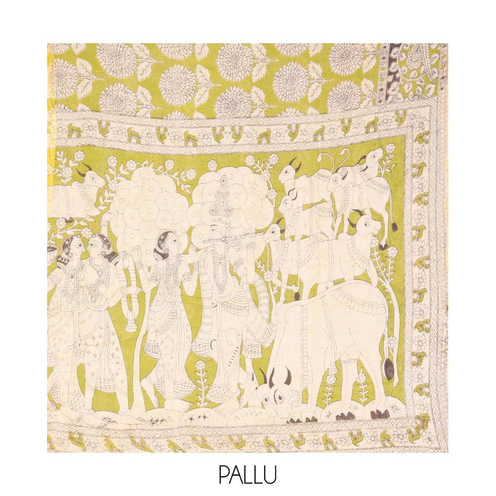 Pothys Green Machine-Printed Kalamkari Cotton Saree Features Floral Motifs, a Piping Border, Pallu of Lord Krishna Motifs, and a Matching Blouse