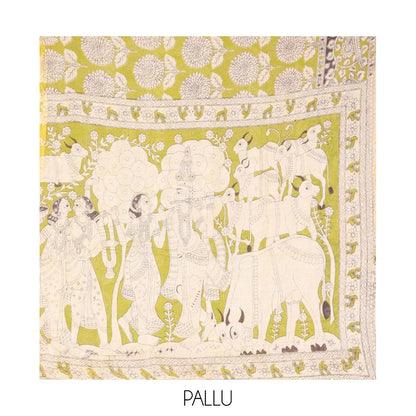 Pothys Green Machine-Printed Kalamkari Cotton Saree Features Floral Motifs, a Piping Border, Pallu of Lord Krishna Motifs, and a Matching Blouse
