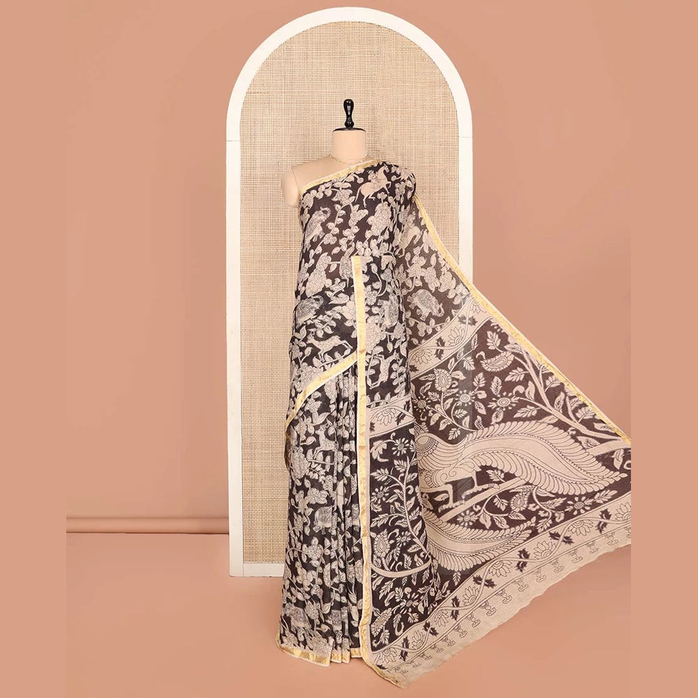 Pothys Black Machine-Printed Kalamkari Cotton Saree Features Flora-Fauna Motifs, a Piping Border, Pallu of Peacock Motifs, and a Matching Blouse