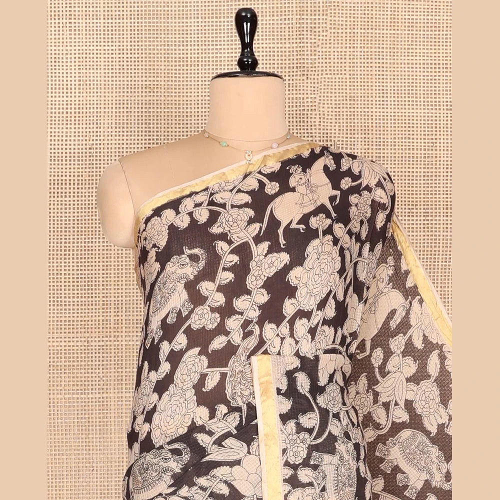 Pothys Black Machine-Printed Kalamkari Cotton Saree Features Flora-Fauna Motifs, a Piping Border, Pallu of Peacock Motifs, and a Matching Blouse
