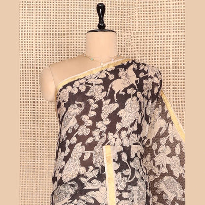 Pothys Black Machine-Printed Kalamkari Cotton Saree Features Flora-Fauna Motifs, a Piping Border, Pallu of Peacock Motifs, and a Matching Blouse