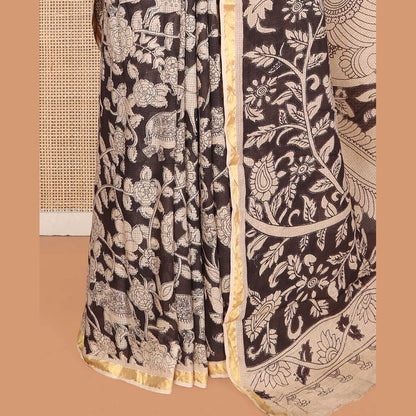 Pothys Black Machine-Printed Kalamkari Cotton Saree Features Flora-Fauna Motifs, a Piping Border, Pallu of Peacock Motifs, and a Matching Blouse