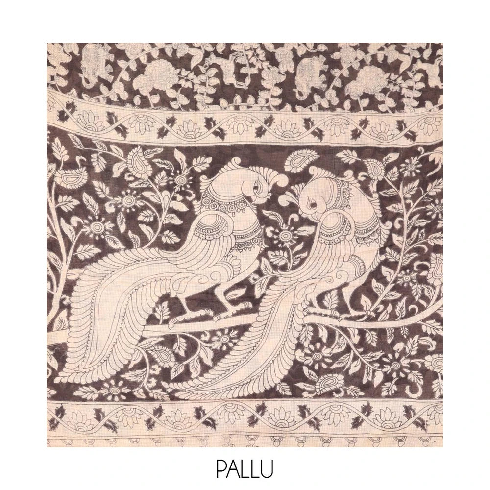 Pothys Black Machine-Printed Kalamkari Cotton Saree Features Flora-Fauna Motifs, a Piping Border, Pallu of Peacock Motifs, and a Matching Blouse