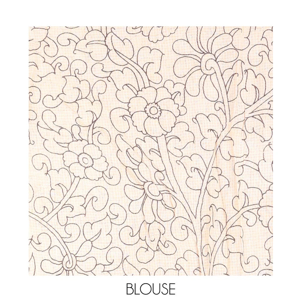 Pothys Black Machine-Printed Kalamkari Cotton Saree Features Flora-Fauna Motifs, a Piping Border, Pallu of Peacock Motifs, and a Matching Blouse