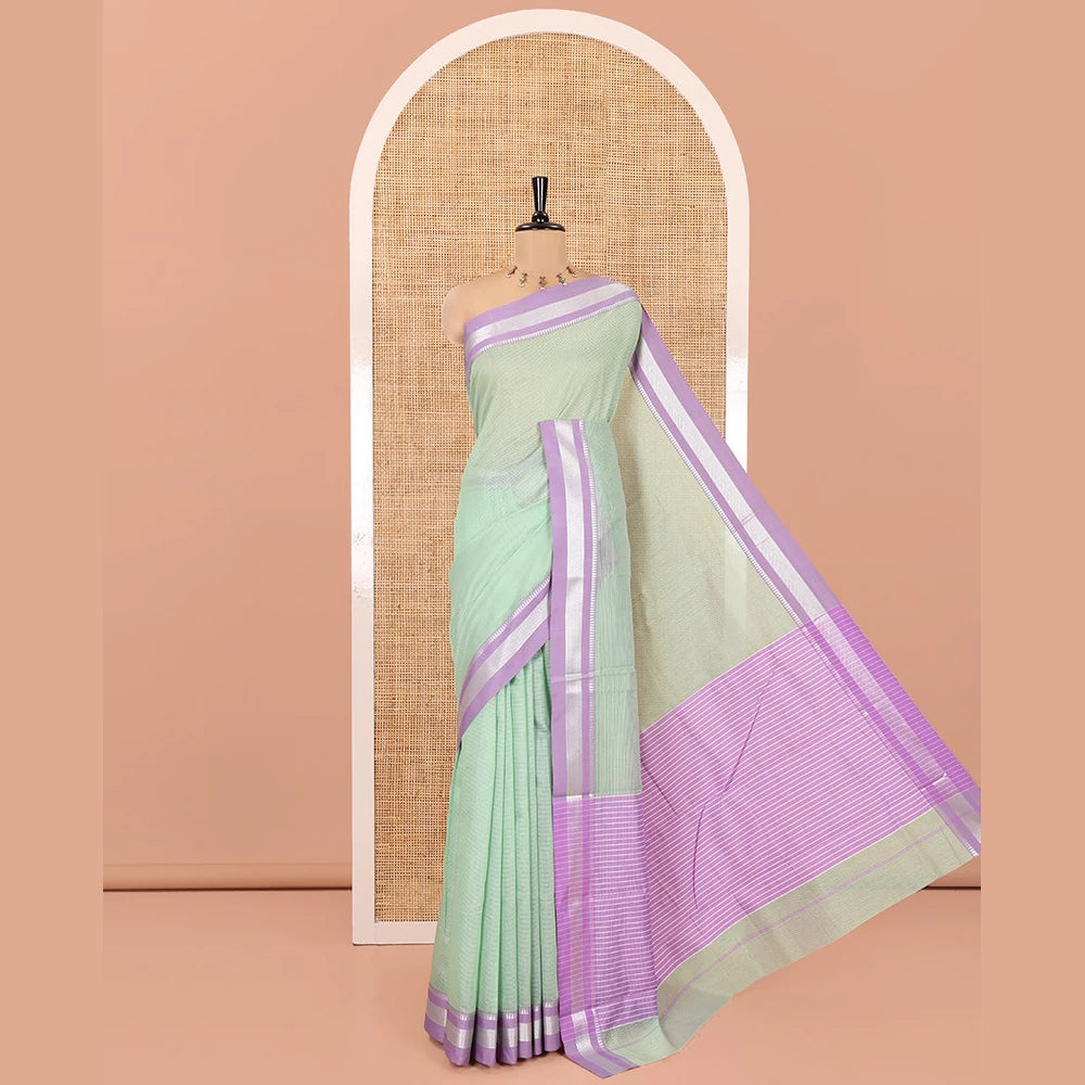 Pothys Green Mercerised Cotton Saree with Sparse Stripes, a Contrast Temple Border, Striped Pallu, and a Matching Blouse