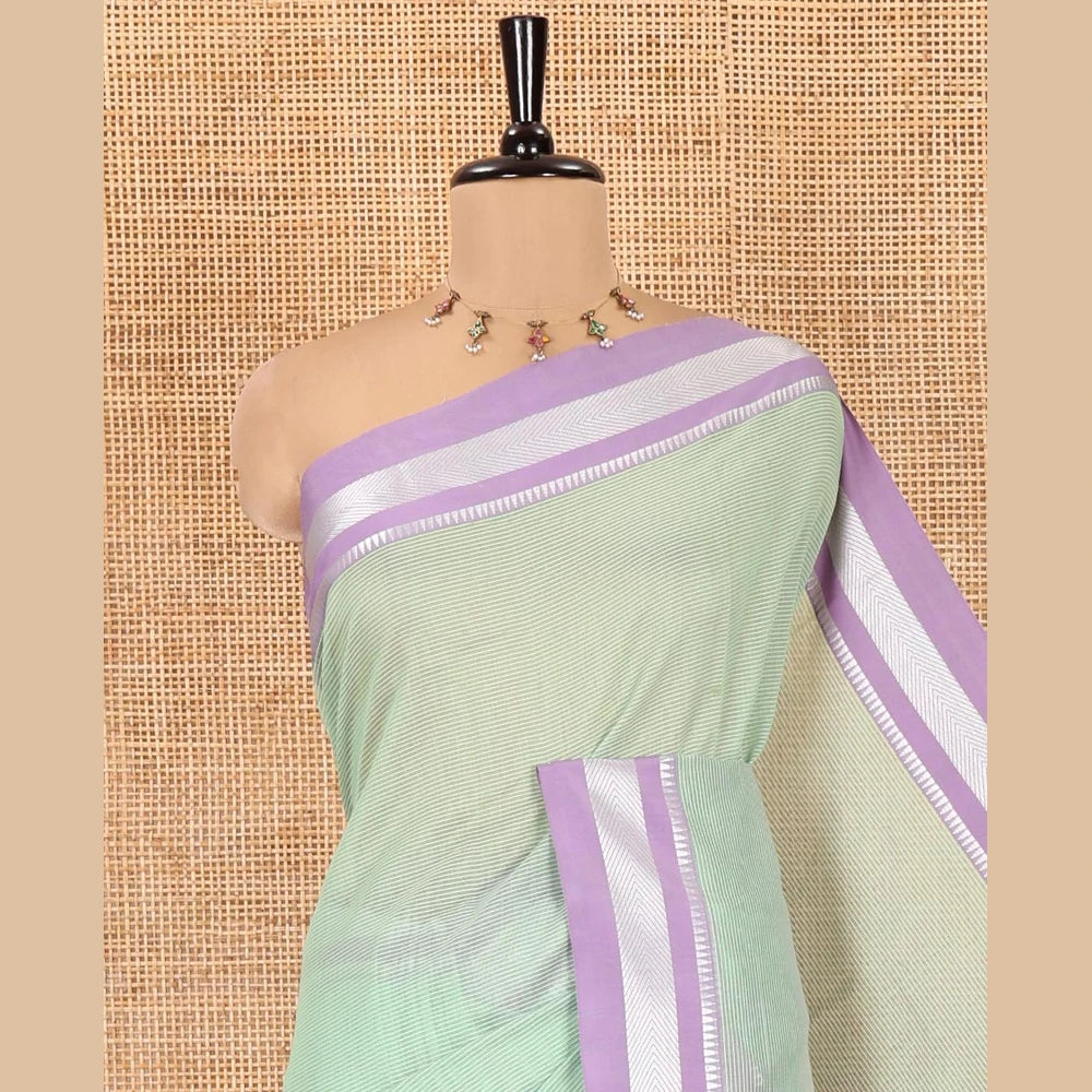 Pothys Green Mercerised Cotton Saree with Sparse Stripes, a Contrast Temple Border, Striped Pallu, and a Matching Blouse