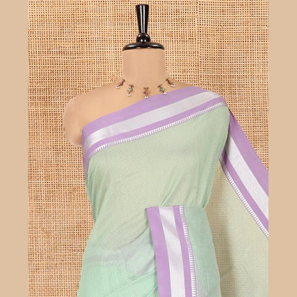 Pothys Green Mercerised Cotton Saree with Sparse Stripes, a Contrast Temple Border, Striped Pallu, and a Matching Blouse