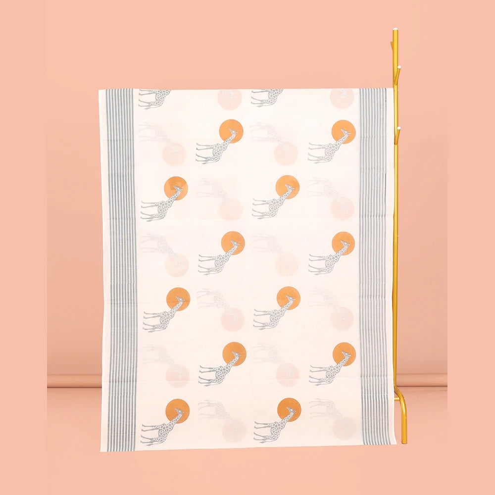 Pothys Cream Kerala Cotton Saree, Enthralled with Sun and Giraffe Motifs, a Subtle Striped Border, and a Matching Blouse