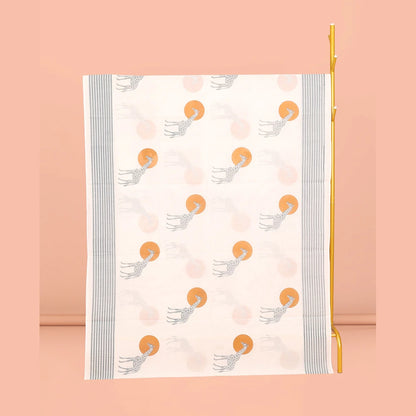 Pothys Cream Kerala Cotton Saree, Enthralled with Sun and Giraffe Motifs, a Subtle Striped Border, and a Matching Blouse