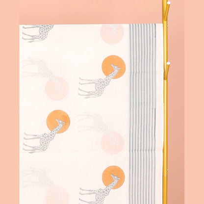 Pothys Cream Kerala Cotton Saree, Enthralled with Sun and Giraffe Motifs, a Subtle Striped Border, and a Matching Blouse