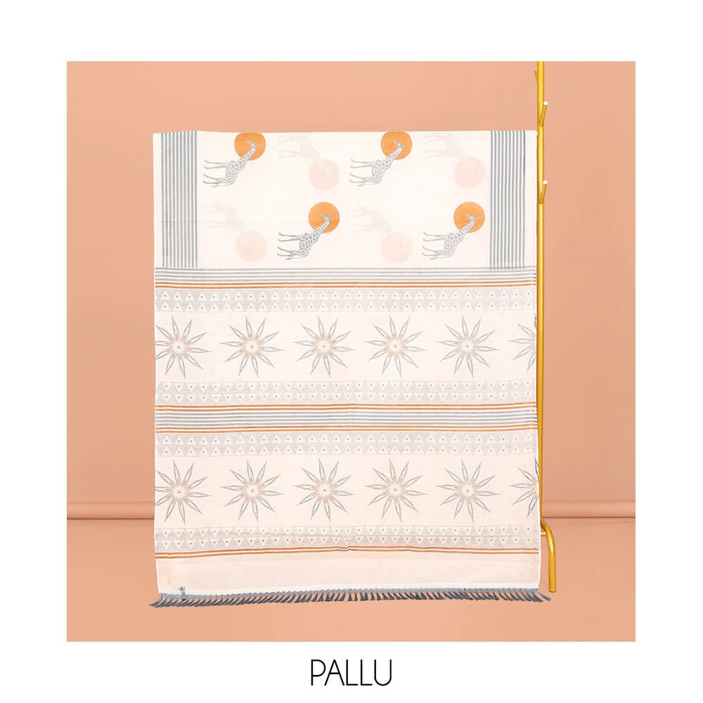 Pothys Cream Kerala Cotton Saree, Enthralled with Sun and Giraffe Motifs, a Subtle Striped Border, and a Matching Blouse