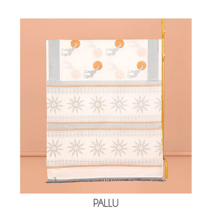 Pothys Cream Kerala Cotton Saree, Enthralled with Sun and Giraffe Motifs, a Subtle Striped Border, and a Matching Blouse
