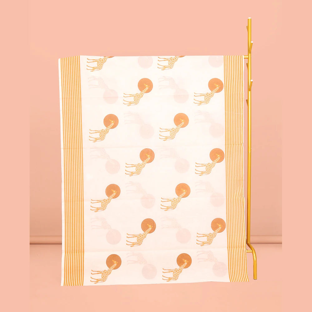 Pothys Cream Kerala Cotton Saree, Elevated with Sun and Giraffe Motifs, a Subtle Striped Border, and a Matching Blouse