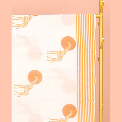 Pothys Cream Kerala Cotton Saree, Elevated with Sun and Giraffe Motifs, a Subtle Striped Border, and a Matching Blouse