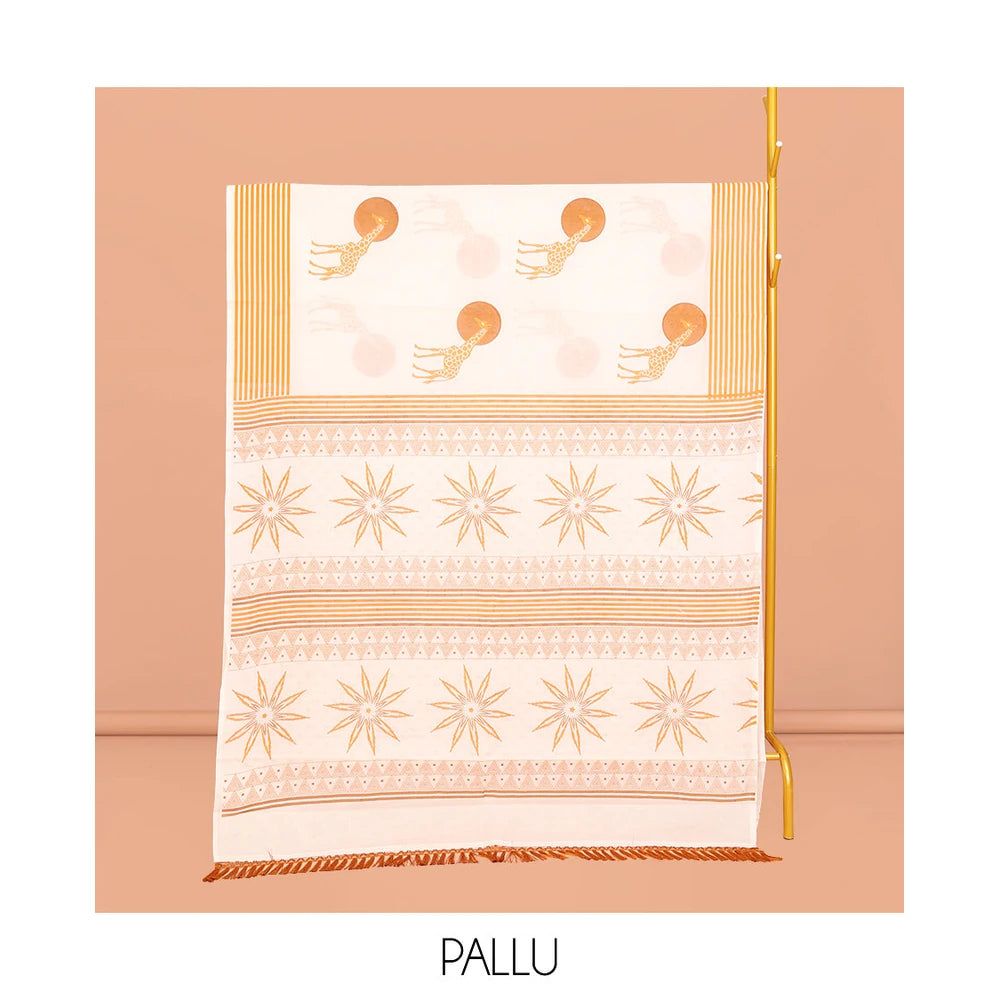 Pothys Cream Kerala Cotton Saree, Elevated with Sun and Giraffe Motifs, a Subtle Striped Border, and a Matching Blouse
