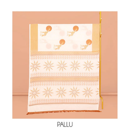 Pothys Cream Kerala Cotton Saree, Elevated with Sun and Giraffe Motifs, a Subtle Striped Border, and a Matching Blouse