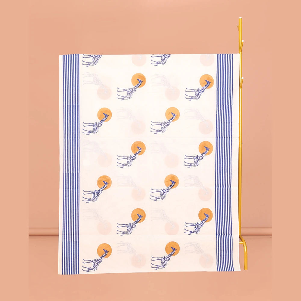 Pothys Cream Kerala Cotton Saree, Embellished with Sun and Giraffe Motifs, a Subtle Striped Border, and a Matching Blouse