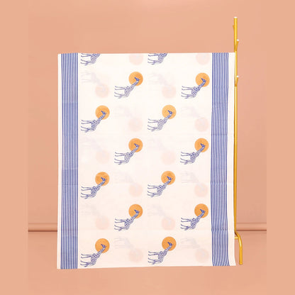 Pothys Cream Kerala Cotton Saree, Embellished with Sun and Giraffe Motifs, a Subtle Striped Border, and a Matching Blouse