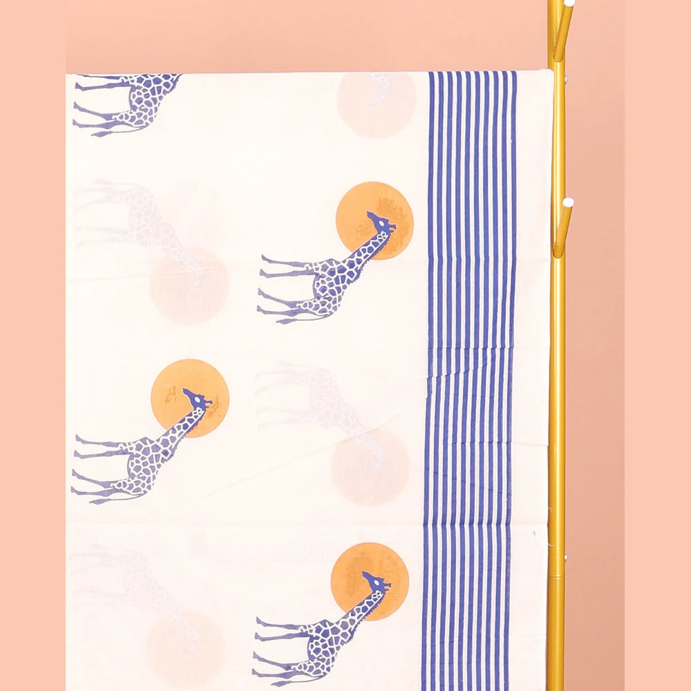 Pothys Cream Kerala Cotton Saree, Embellished with Sun and Giraffe Motifs, a Subtle Striped Border, and a Matching Blouse