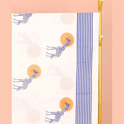 Pothys Cream Kerala Cotton Saree, Embellished with Sun and Giraffe Motifs, a Subtle Striped Border, and a Matching Blouse