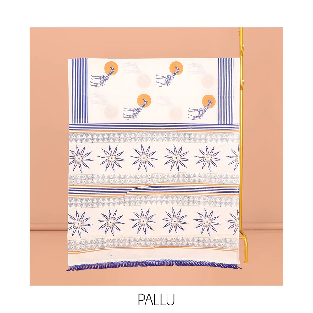 Pothys Cream Kerala Cotton Saree, Embellished with Sun and Giraffe Motifs, a Subtle Striped Border, and a Matching Blouse