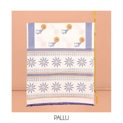 Pothys Cream Kerala Cotton Saree, Embellished with Sun and Giraffe Motifs, a Subtle Striped Border, and a Matching Blouse