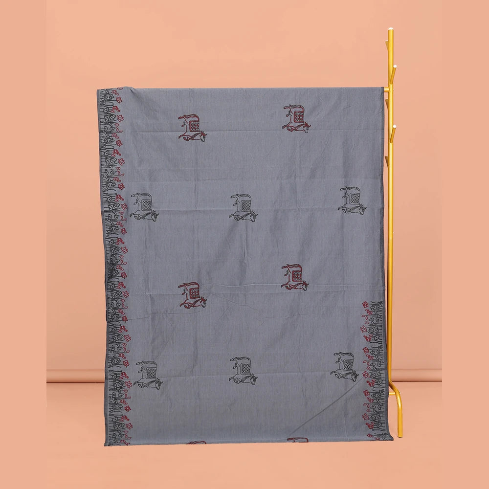 Pothys Grey Poly Cotton Saree, Adorned with Pichwai Cow and Floral Print, a Self-Pallu, and a Contrast Warli Print Blouse