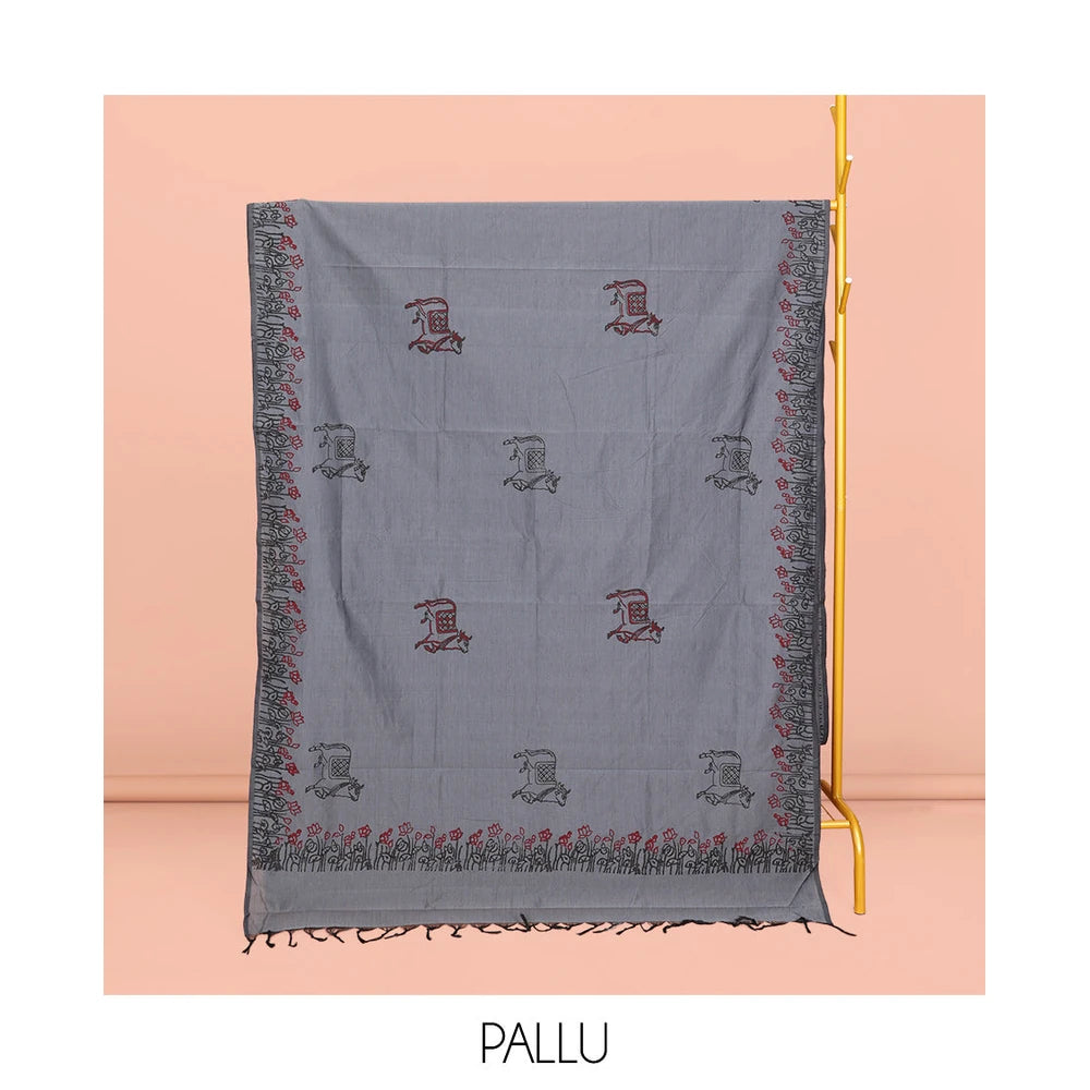 Pothys Grey Poly Cotton Saree, Adorned with Pichwai Cow and Floral Print, a Self-Pallu, and a Contrast Warli Print Blouse