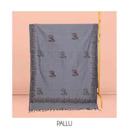Pothys Grey Poly Cotton Saree, Adorned with Pichwai Cow and Floral Print, a Self-Pallu, and a Contrast Warli Print Blouse