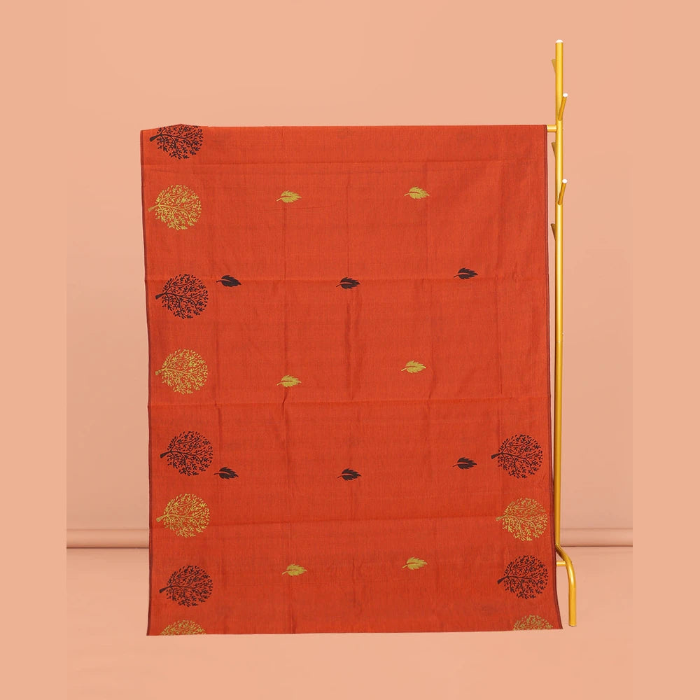 Pothys Borderless Orange Poly Cotton Saree, Graced with Leaf and Tree Motifs Print, a Self-Pallu, and a Contrast Printed Blouse