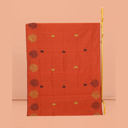 Pothys Borderless Orange Poly Cotton Saree, Graced with Leaf and Tree Motifs Print, a Self-Pallu, and a Contrast Printed Blouse