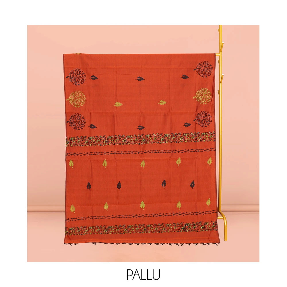 Pothys Borderless Orange Poly Cotton Saree, Graced with Leaf and Tree Motifs Print, a Self-Pallu, and a Contrast Printed Blouse