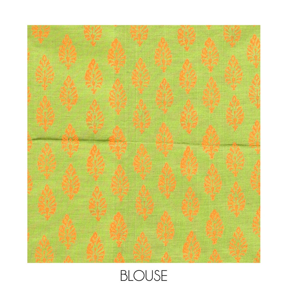 Pothys Borderless Orange Poly Cotton Saree, Graced with Leaf and Tree Motifs Print, a Self-Pallu, and a Contrast Printed Blouse