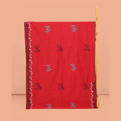 Pothys Red Poly Cotton Saree, Ornamented with Pichwai Cow and Floral Print, a Self-Pallu, and a Contrast Warli Print Blouse