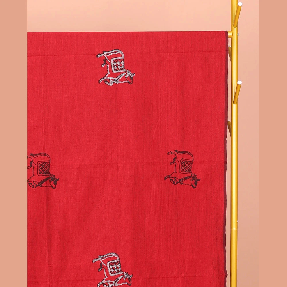 Pothys Red Poly Cotton Saree, Ornamented with Pichwai Cow and Floral Print, a Self-Pallu, and a Contrast Warli Print Blouse