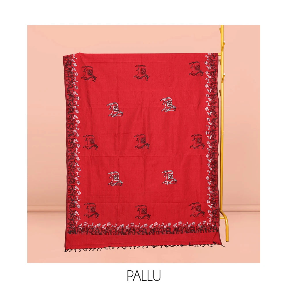 Pothys Red Poly Cotton Saree, Ornamented with Pichwai Cow and Floral Print, a Self-Pallu, and a Contrast Warli Print Blouse