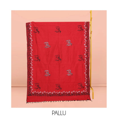 Pothys Red Poly Cotton Saree, Ornamented with Pichwai Cow and Floral Print, a Self-Pallu, and a Contrast Warli Print Blouse